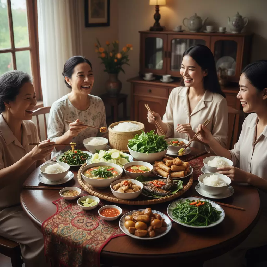 Mâm cơm gia đình Việt truyền thống mang lại sự gắn kết và ấm cúng vào dịp cuối tuần