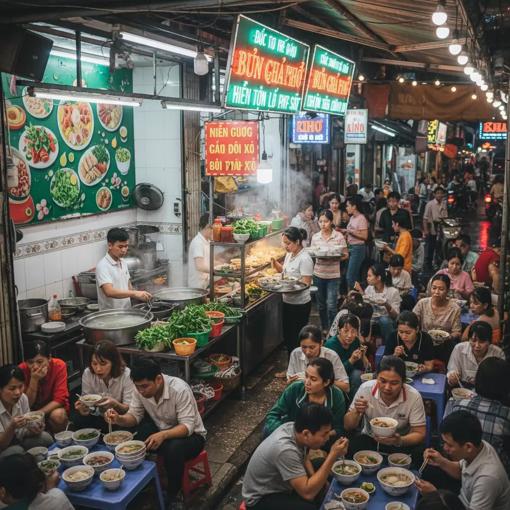 Thưởng thức bún phở trong không gian nhộn nhịp là một nét văn hóa đặc sắc của người dân địa phương