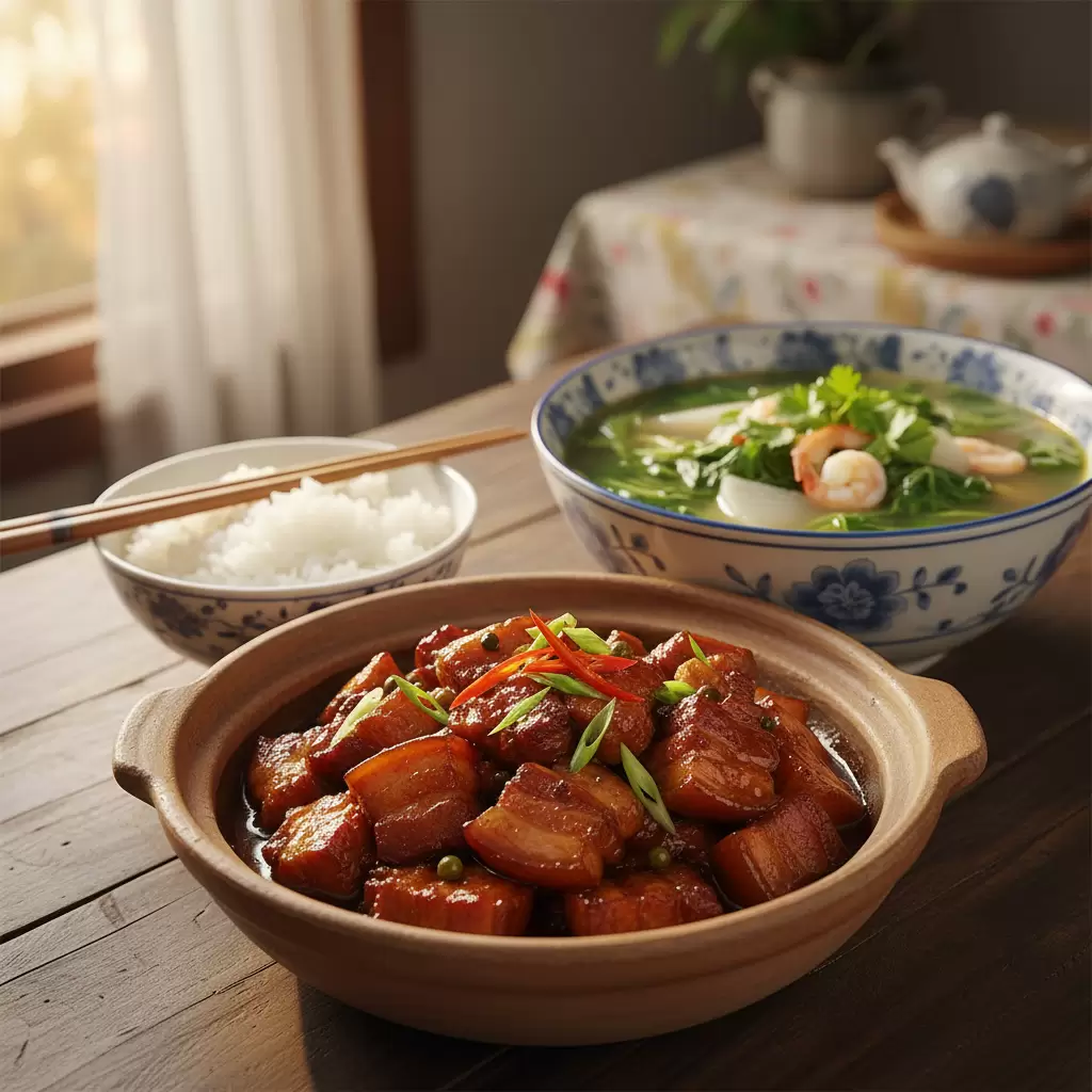 Sự kết hợp giữa món kho đậm đà và canh thanh mát tạo nên sự cân bằng hoàn hảo