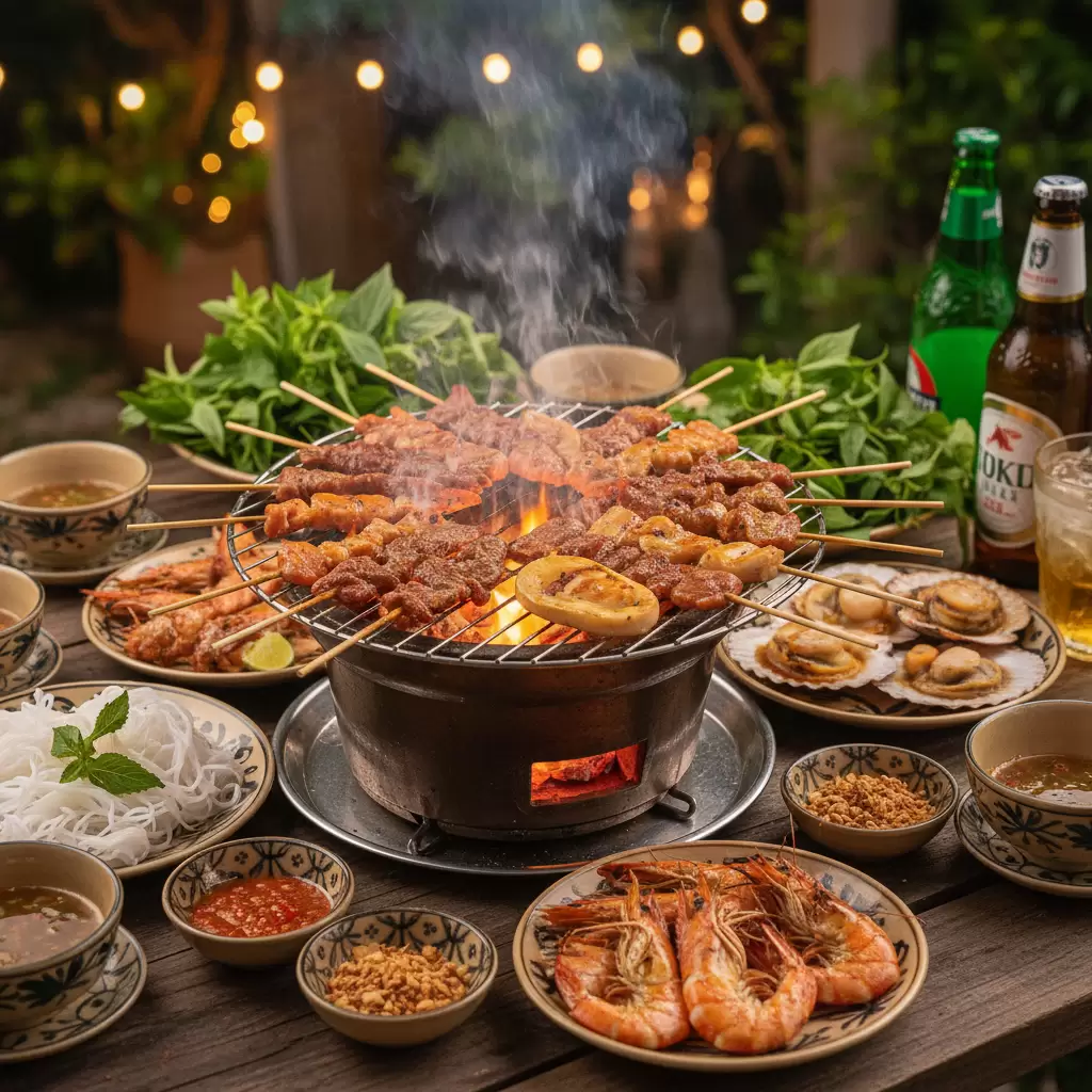 Bàn tiệc nướng kiểu Việt luôn là tâm điểm của các cuộc vui