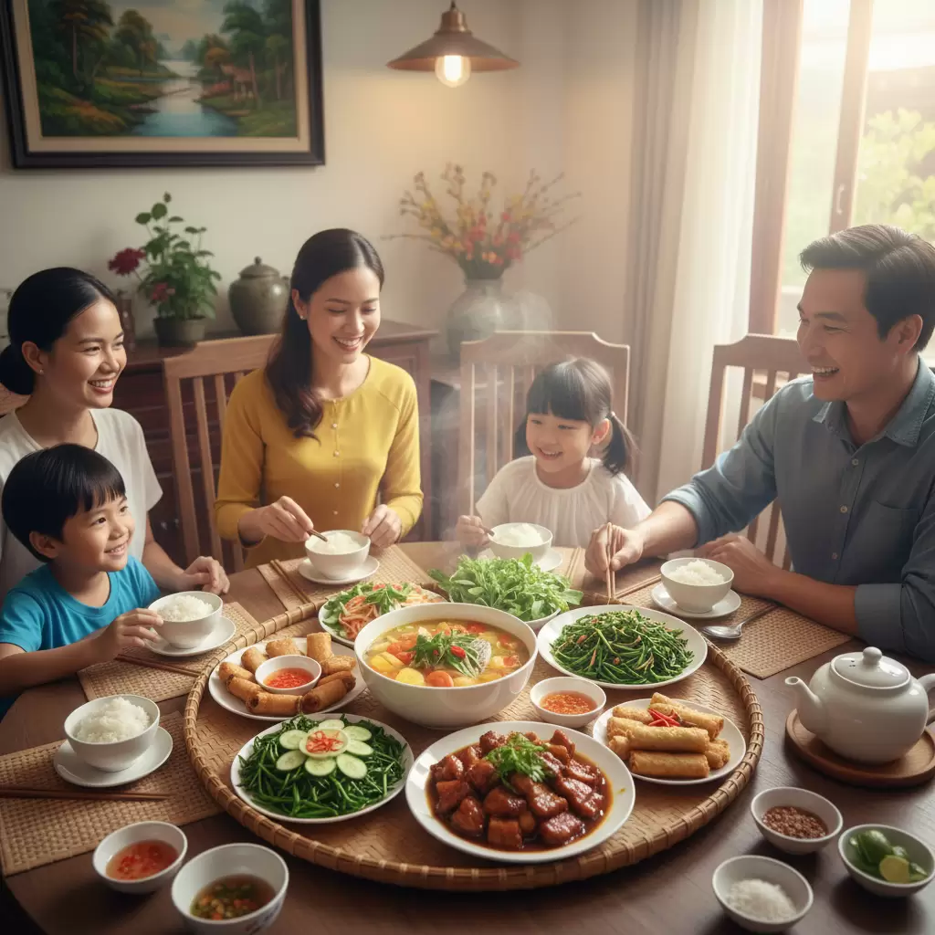 Mâm cơm gia đình truyền thống là biểu tượng của sự đoàn viên và ấm áp