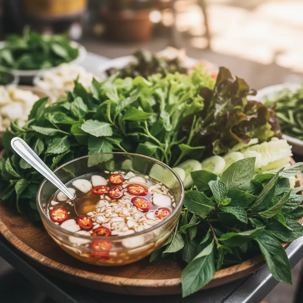 Nước chấm và rau sống là những thành phần không thể thiếu trong bữa cơm Việt