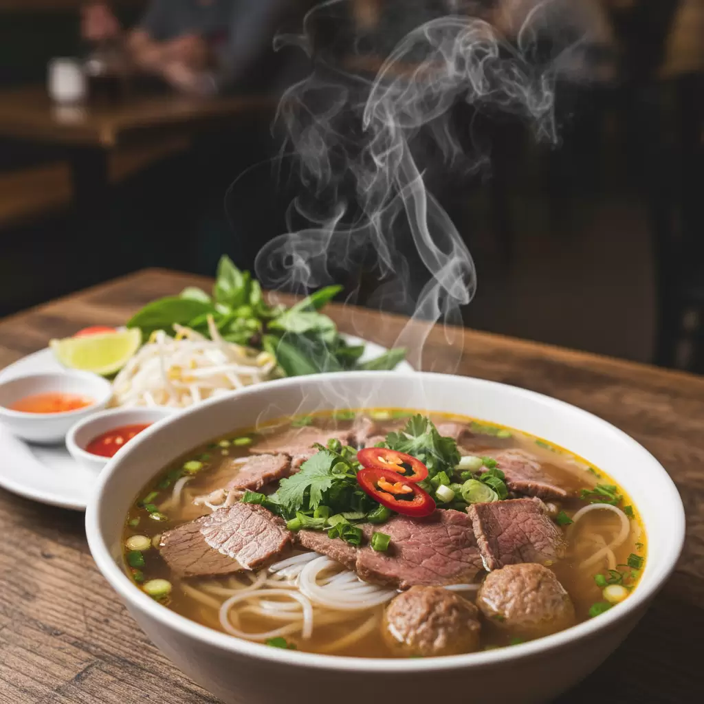 Phở bò truyền thống với nước dùng thanh ngọt không chứa vị cay sẵn có