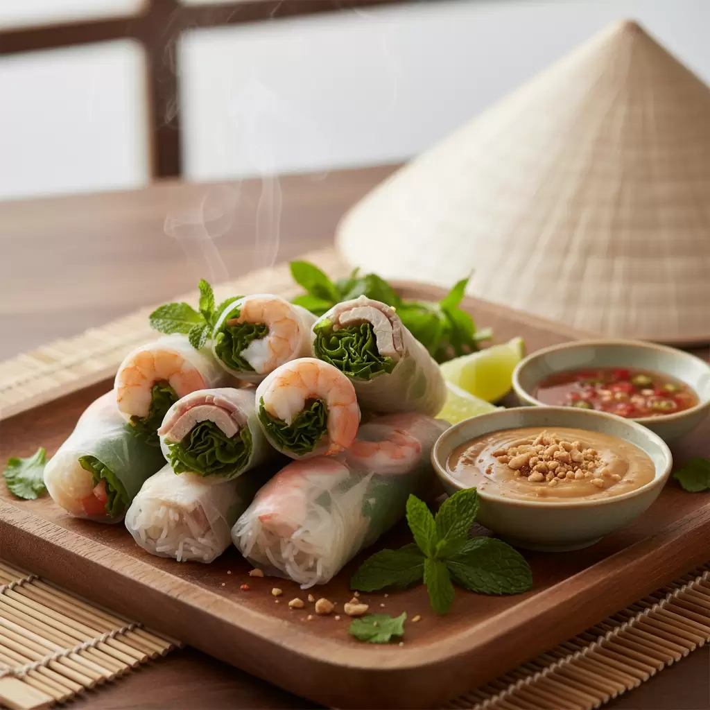 Gỏi cuốn tôm thịt với lớp vỏ trong suốt lộ rõ các nguyên liệu tươi ngon bên trong