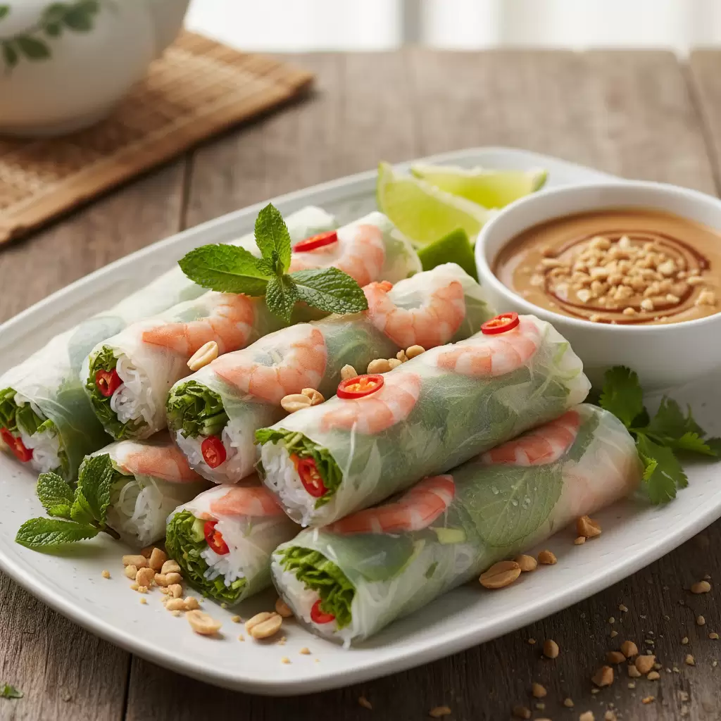 Gỏi cuốn tôm thịt là món ăn thanh đạm giàu chất xơ và protein giúp giữ dáng hiệu quả