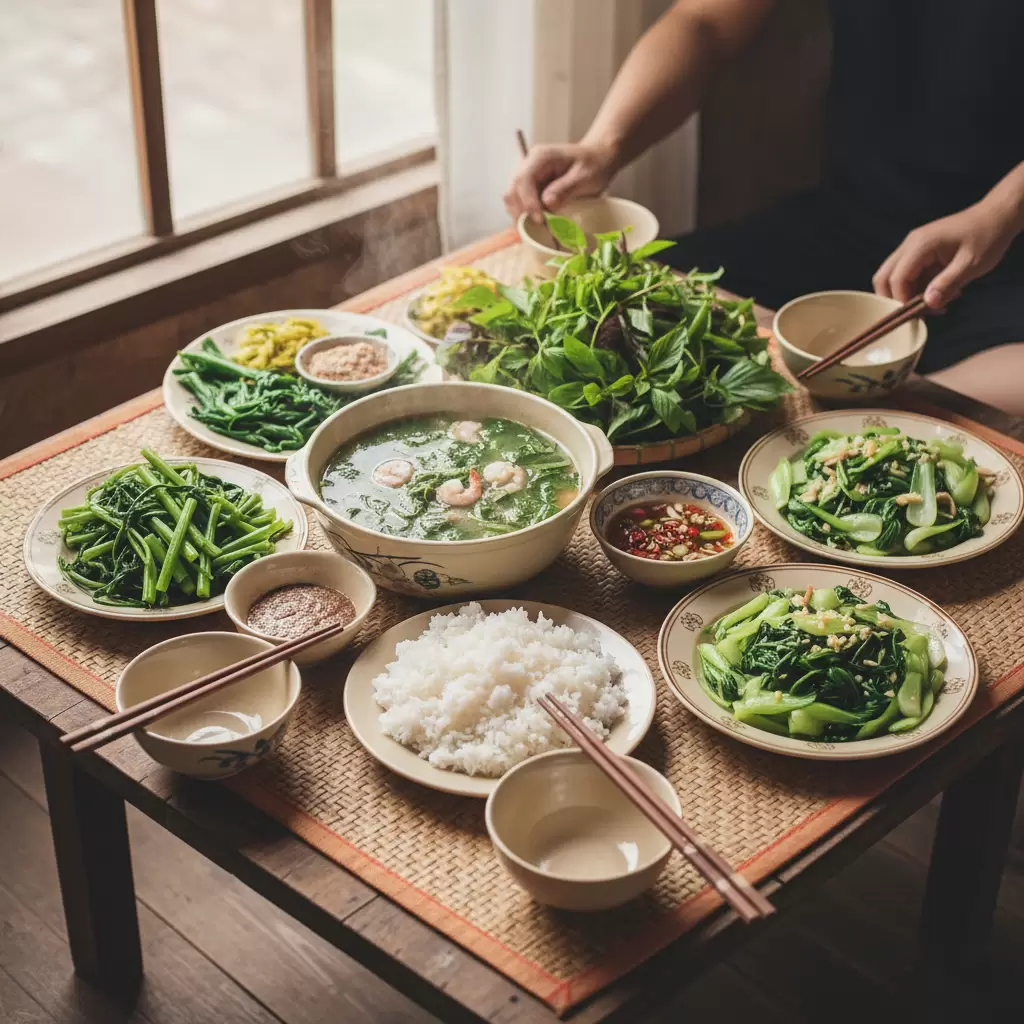 Mâm cơm Việt truyền thống luôn ưu tiên sự hiện diện của các loại rau xanh