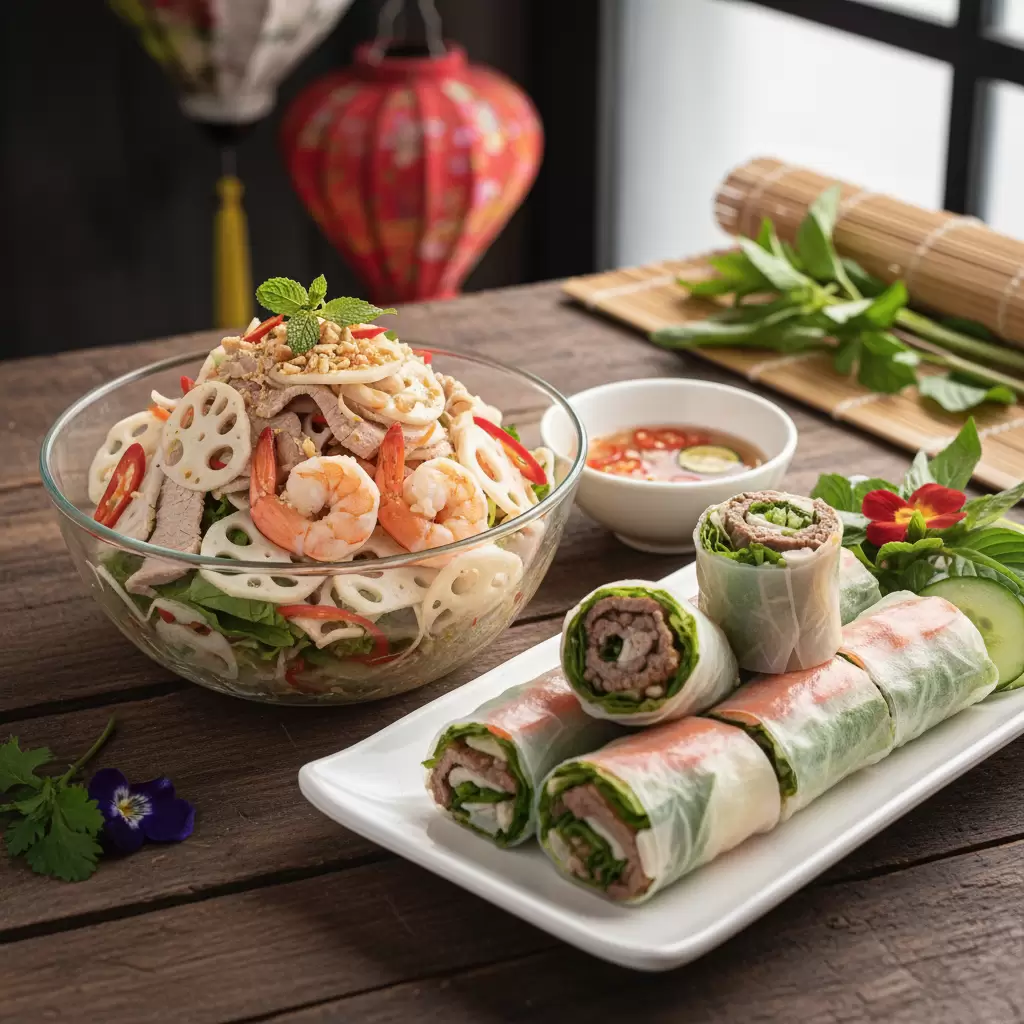 Sự kết hợp giữa các món gỏi và cuốn mang lại cảm giác thanh mát cho thực khách