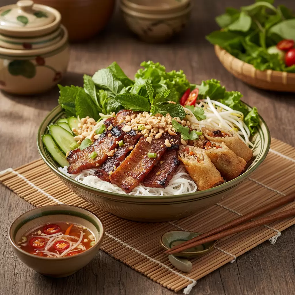 Bún thịt nướng là đại diện tiêu biểu cho dòng bún trộn kích thích vị giác cho bữa trưa