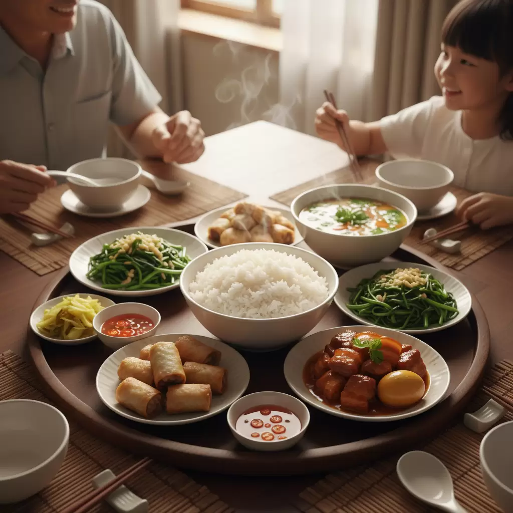 Mâm cơm gia đình Việt Nam mang đậm nét văn hóa truyền thống và sự ấm cúng