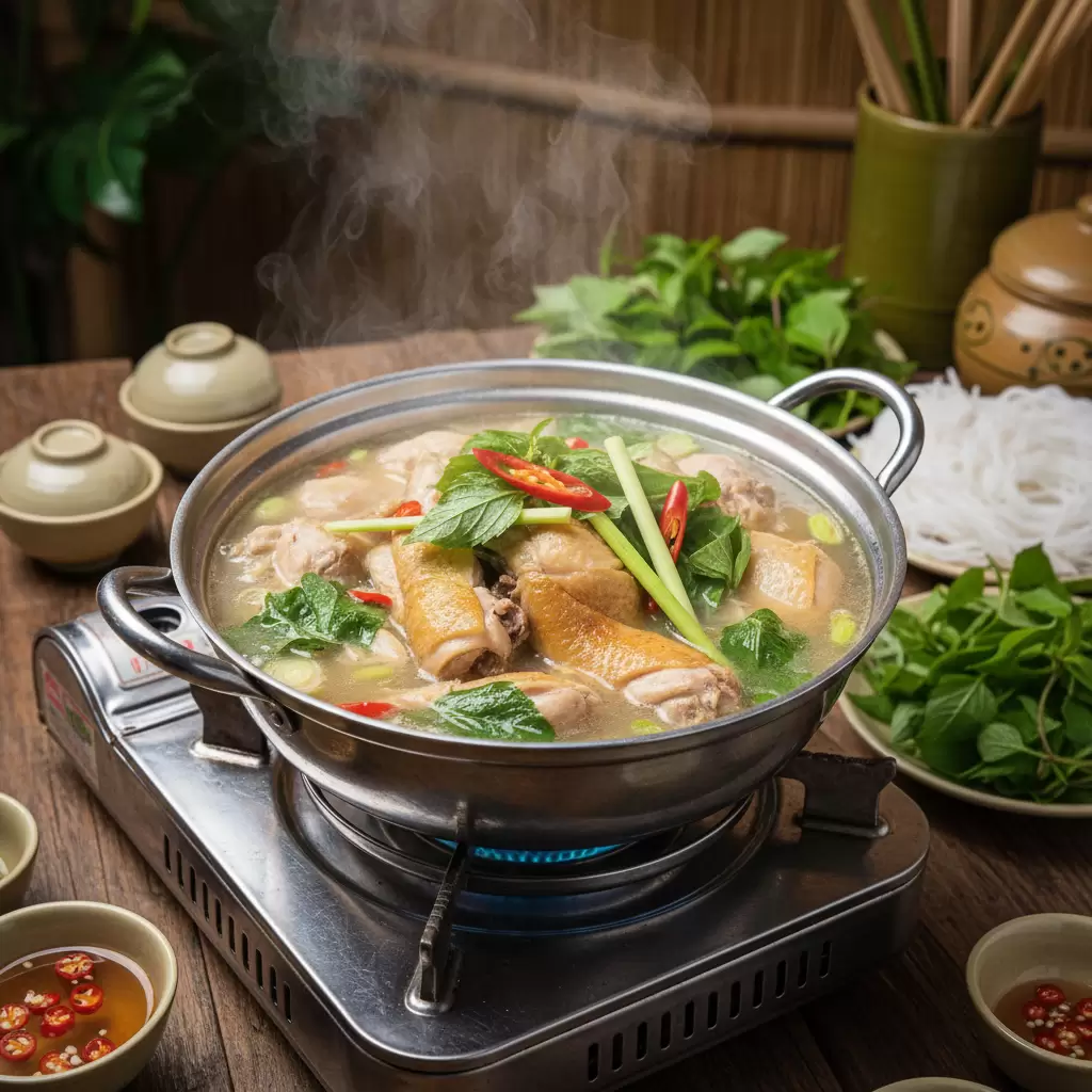 Hương vị cay nồng của lẩu gà lá é rất được ưa chuộng trong những ngày Sài Gòn đổ mưa