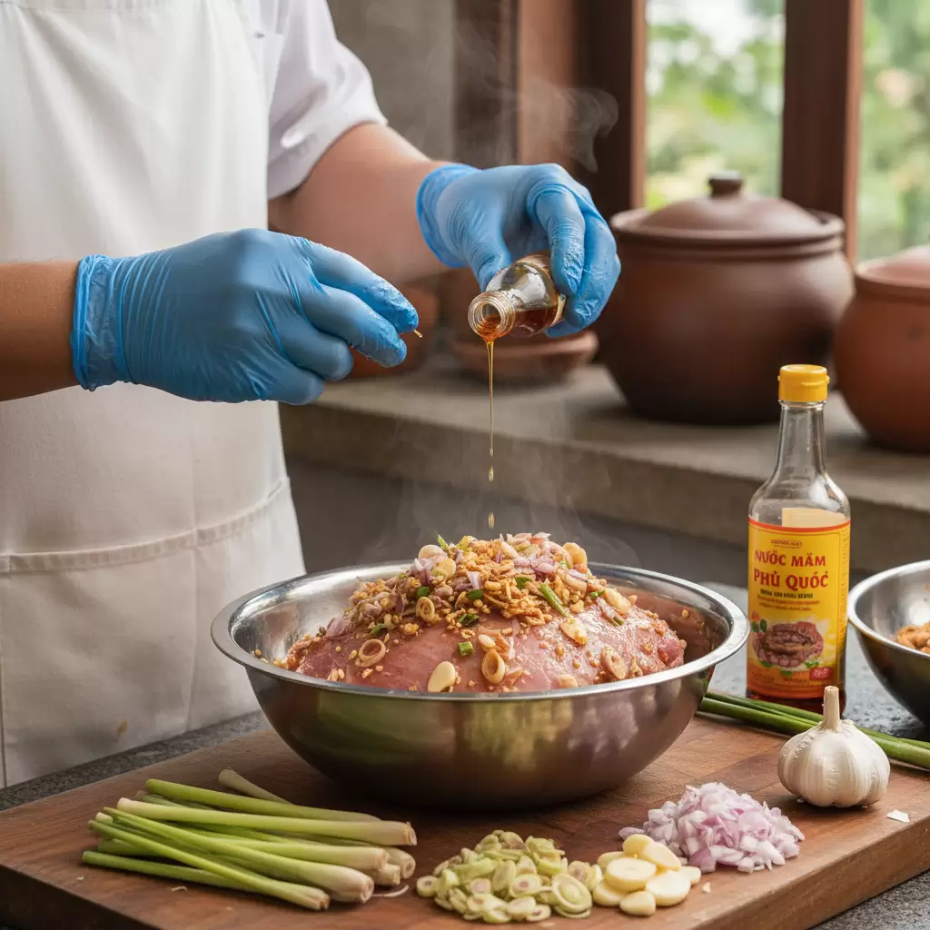 Công đoạn tẩm ướp kỹ lưỡng giúp gia vị thấm sâu vào từng thớ thịt