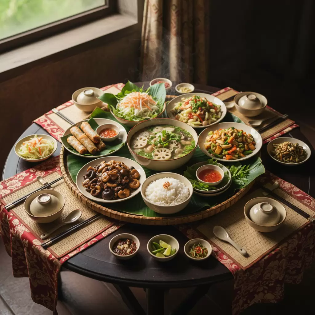 Mâm cơm chay Việt Nam với màu sắc bắt mắt và hương vị đậm đà