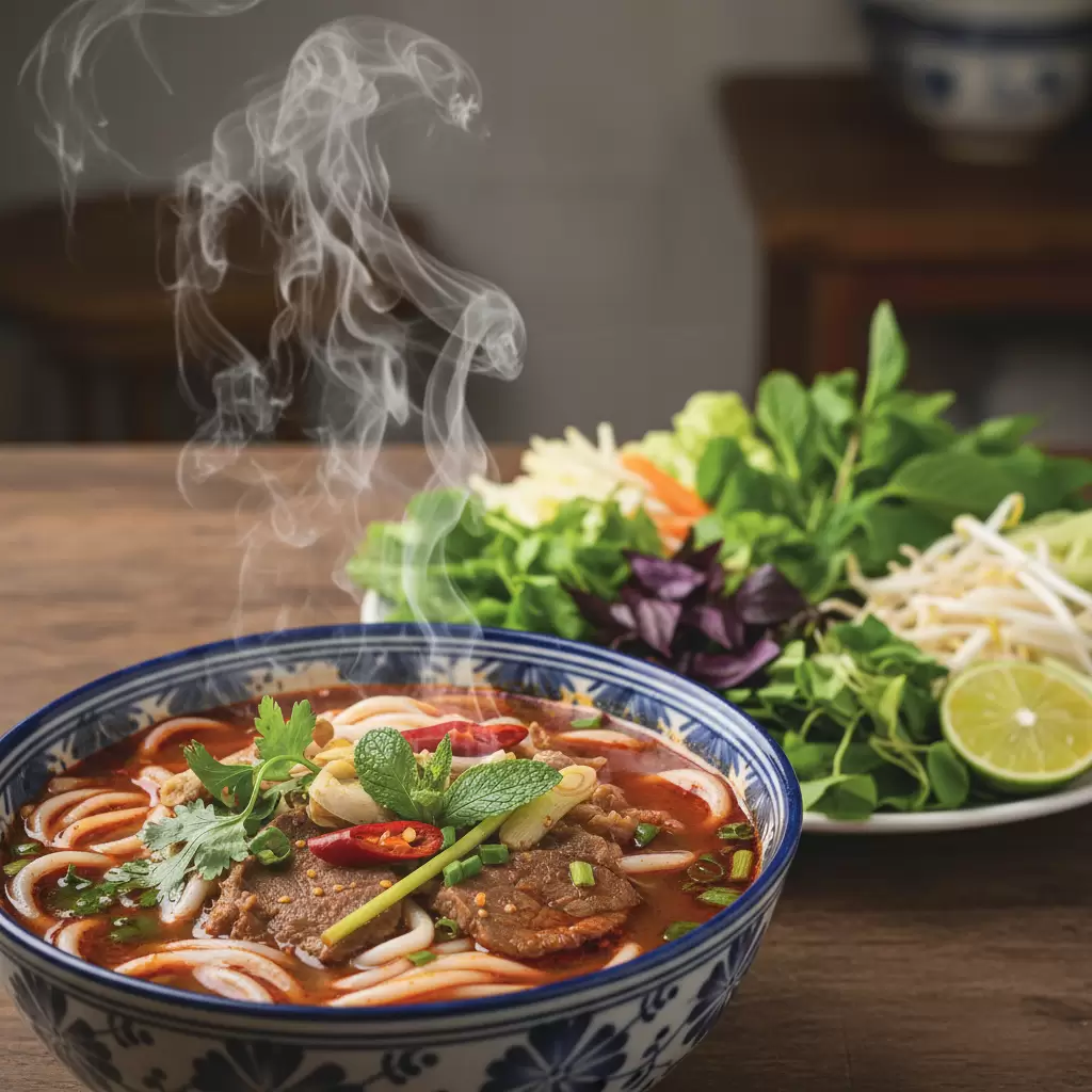 Bún bò Huế chay với nước dùng đậm đà và màu sắc hấp dẫn