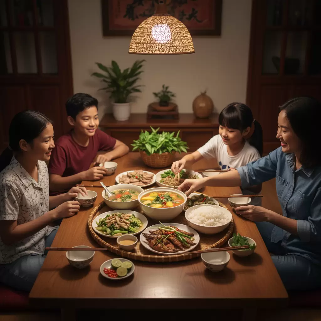 Bữa cơm gia đình Việt Nam truyền thống đầy đủ dinh dưỡng và ấm cúng