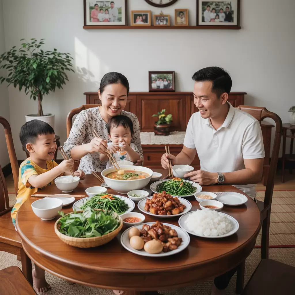 Bữa cơm gia đình với các món ăn truyền thống giúp trẻ phát triển toàn diện