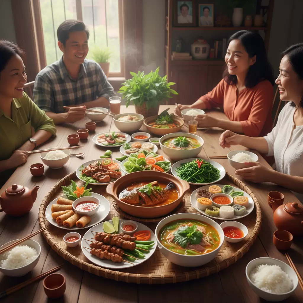 Mâm cơm hội tụ đầy đủ hương vị đặc sắc của cả ba miền Bắc Trung Nam