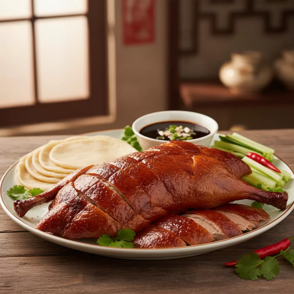 Món vịt quay Bắc Kinh với lớp da vàng giòn óng ả