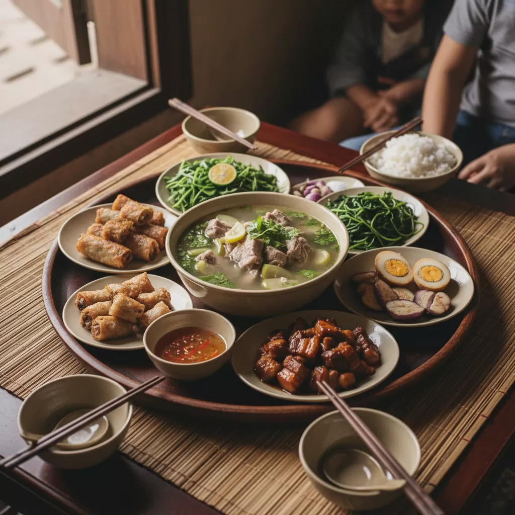 gemini_image_1770276012 Mâm cơm gia đình kiểu Bắc mang đậm nét văn hóa truyền thống giữa lòng phố thị