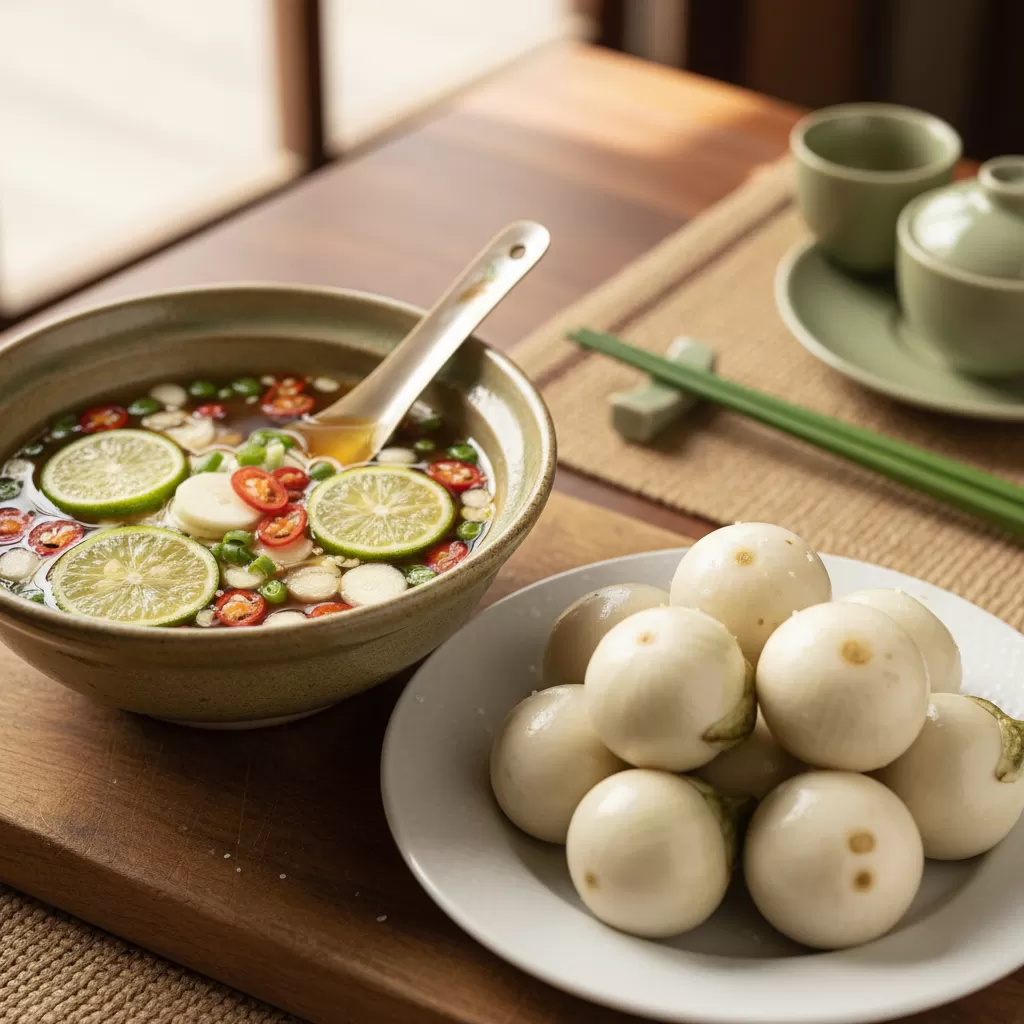 gemini_image_1770276013 Bát nước chấm và cà pháo muối những thành phần không thể thiếu trong bữa cơm Bắc