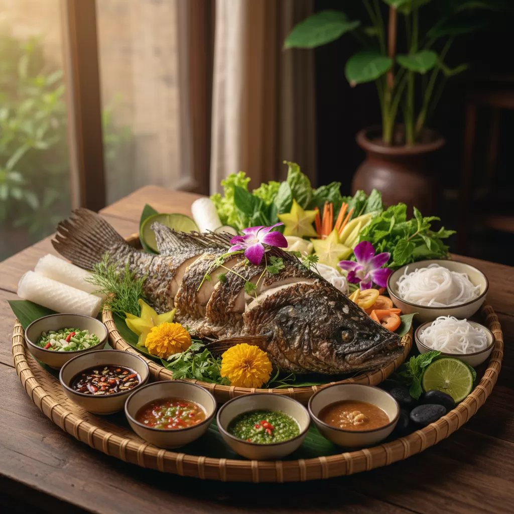 Món cá lóc nướng trui dân dã được nâng tầm thành tác phẩm nghệ thuật ẩm thực