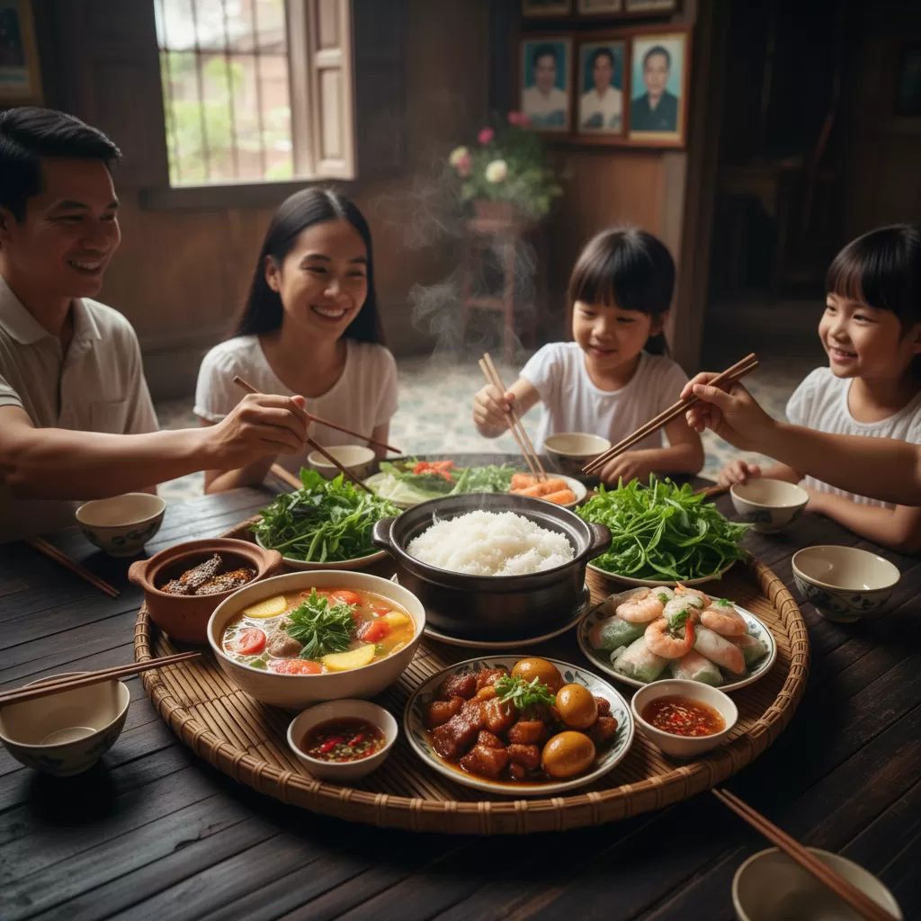gemini_image_1770276772 Mâm cơm gia đình Việt Nam mang đậm hương vị quê hương xoa dịu nỗi nhớ nhà