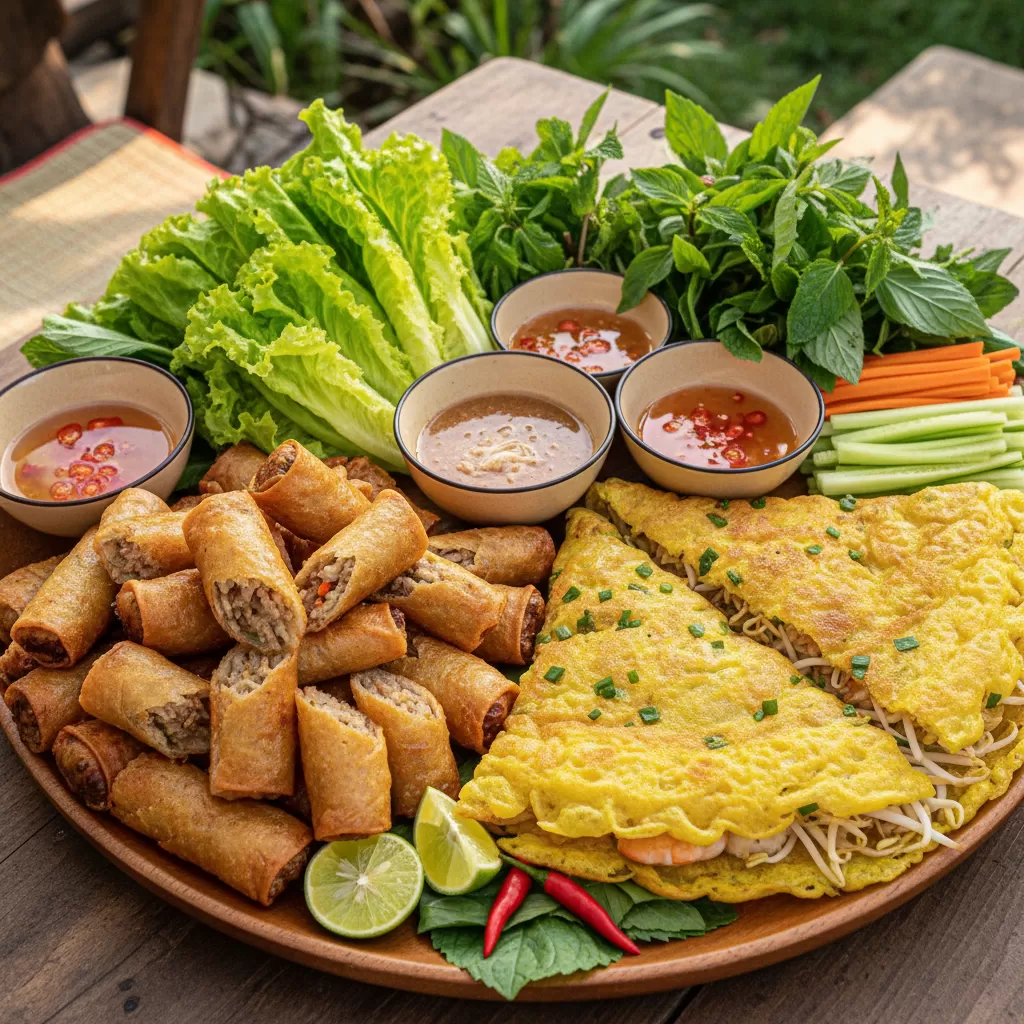 Sự kết hợp giữa nem rán giòn rụm và bánh xèo tạo nên sức hấp dẫn khó cưỡng