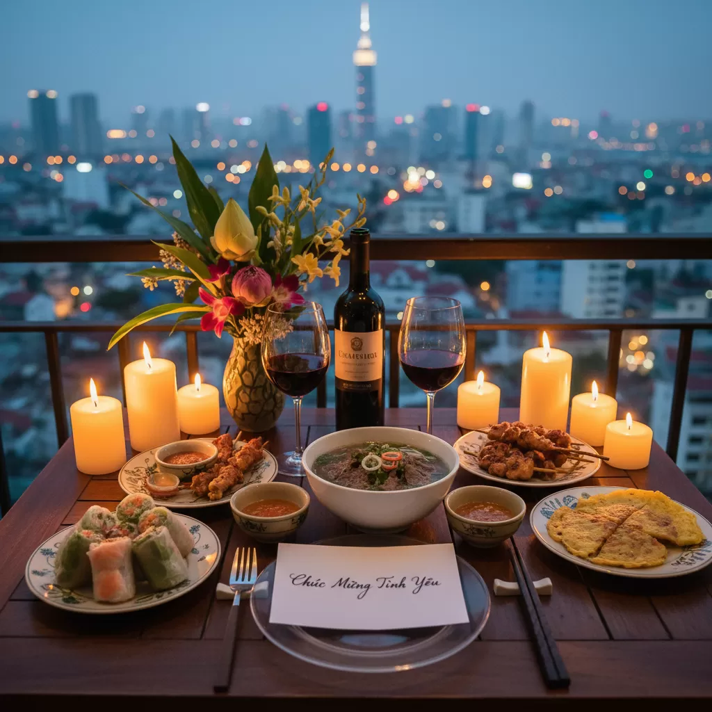 Không gian bữa tối món Việt lãng mạn cho cặp đôi tại trung tâm Sài Gòn với ánh nến lung linh