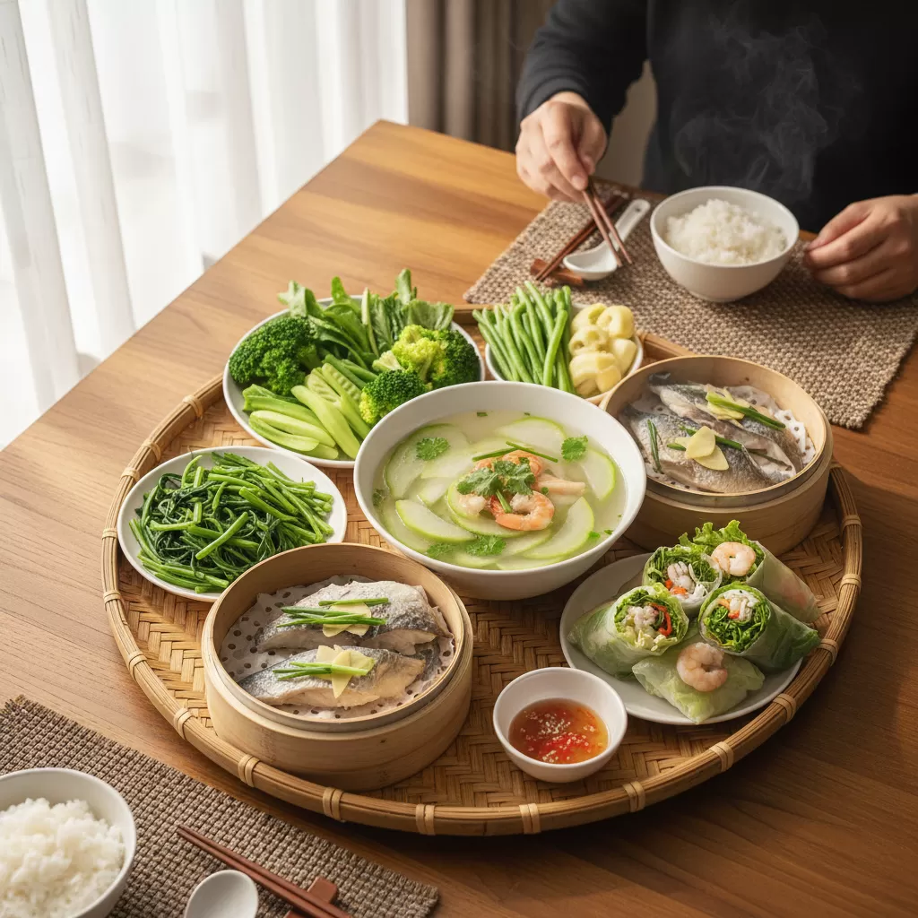gemini_image_1770282664 Bữa cơm gia đình Việt truyền thống ưu tiên các món ăn ít dầu mỡ để bảo vệ sức khỏe