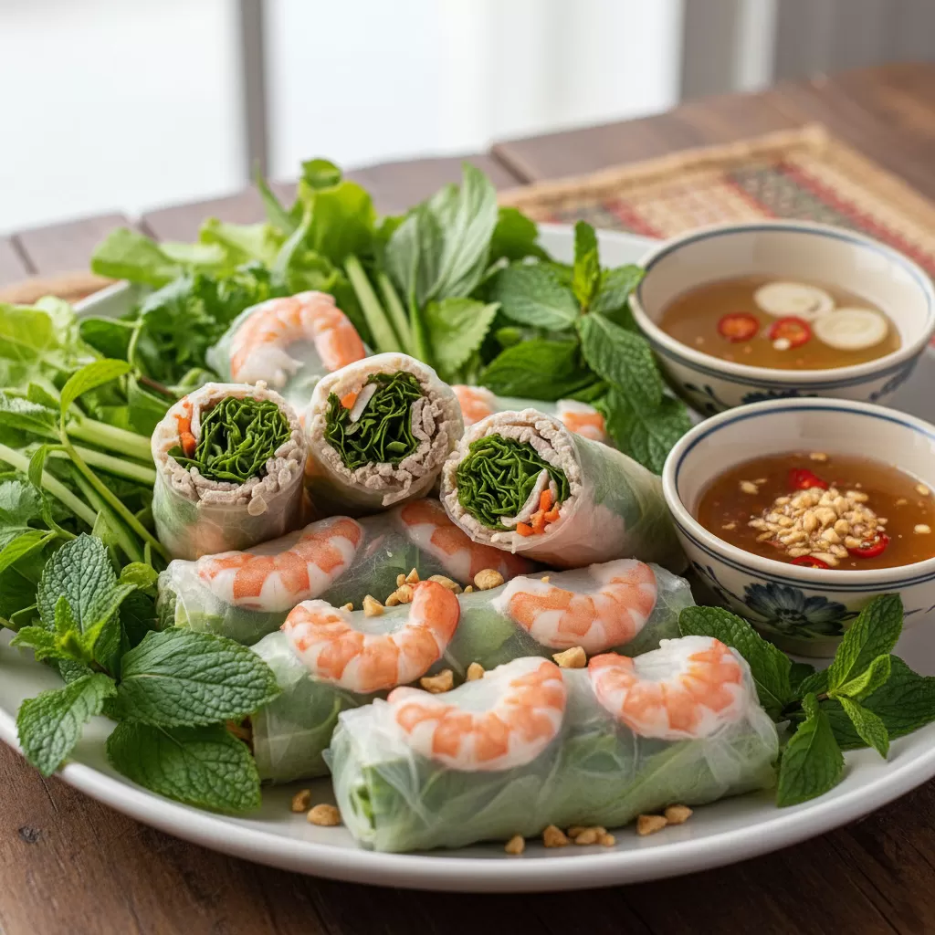 gemini_image_1770283200-1 Các món cuốn Việt Nam kết hợp đa dạng các loại rau sống và thảo mộc