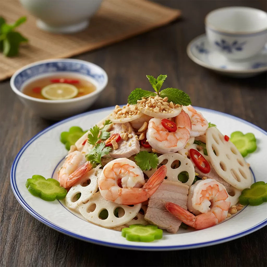 gemini_image_1770283569-1 Gỏi ngó sen tôm thịt là sự lựa chọn hàng đầu cho các bữa tiệc truyền thống