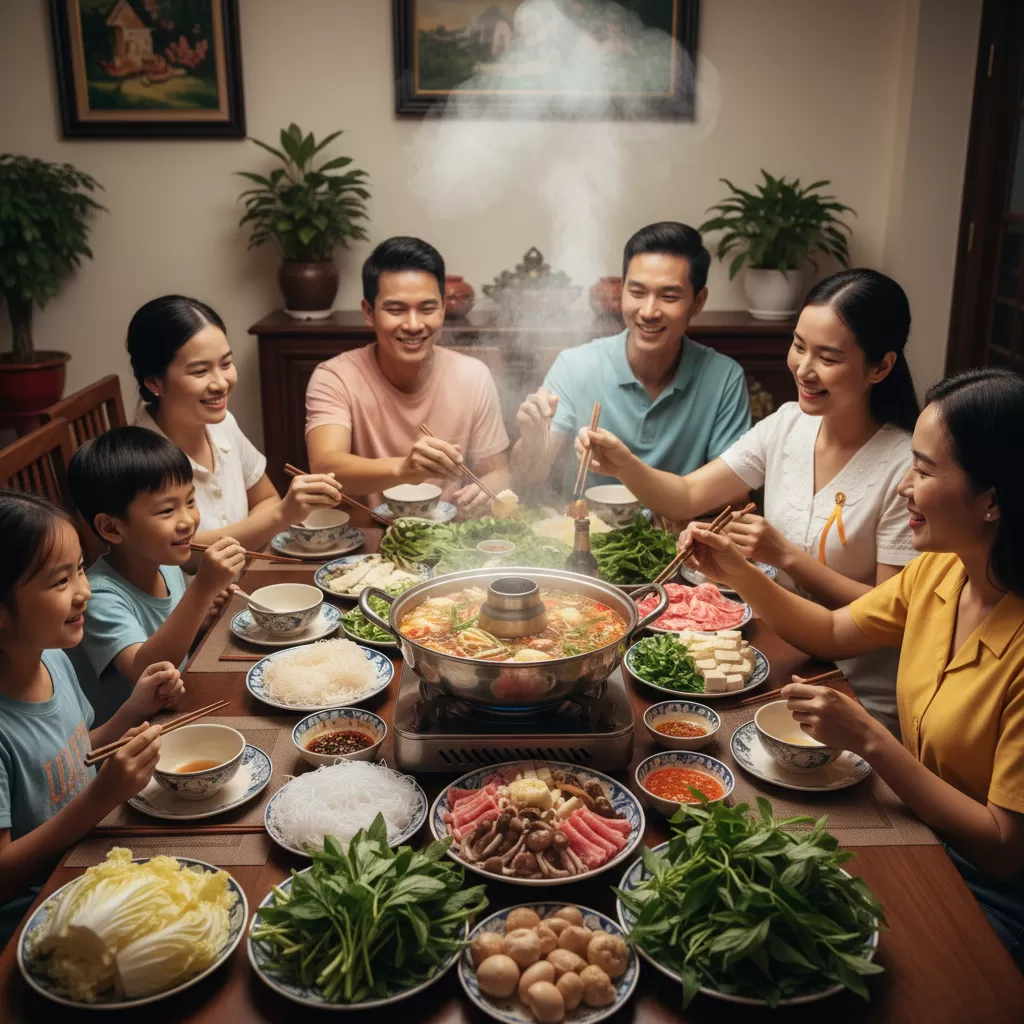 gemini_image_1770285042 Bữa tiệc lẩu Việt ấm cúng là lựa chọn hoàn hảo cho những buổi tụ họp đông người