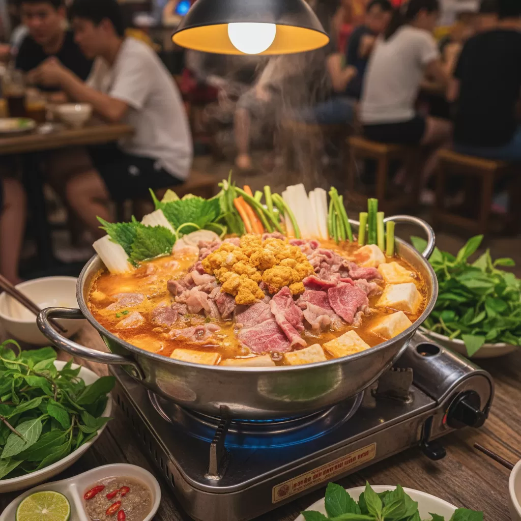 gemini_image_1770285043 Lẩu riêu cua bắp bò với màu sắc bắt mắt và hương vị thanh ngọt tự nhiên