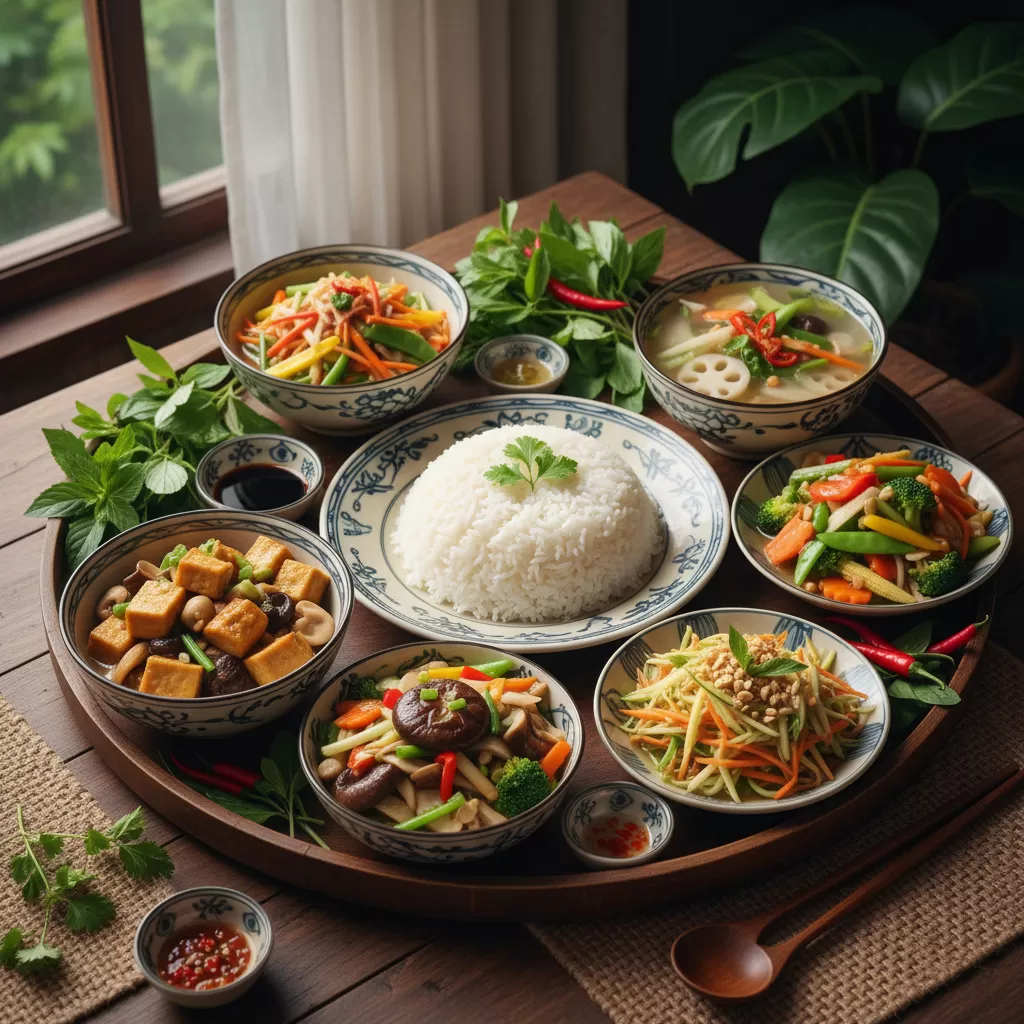 Mâm cơm chay Việt Nam truyền thống với sự kết hợp hài hòa giữa hương vị và màu sắc