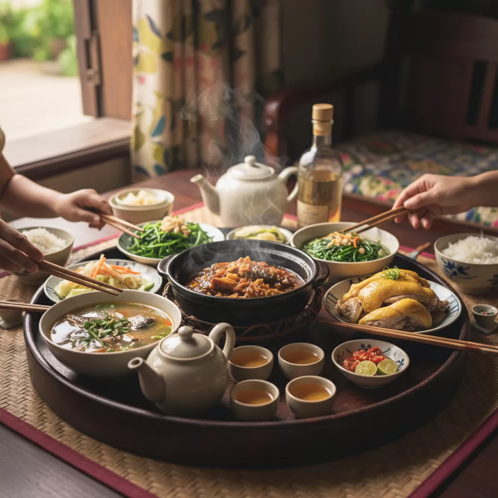 gemini_image_1770286893 Sự kết hợp hài hòa giữa món ăn và đồ uống truyền thống trong mâm cơm Việt