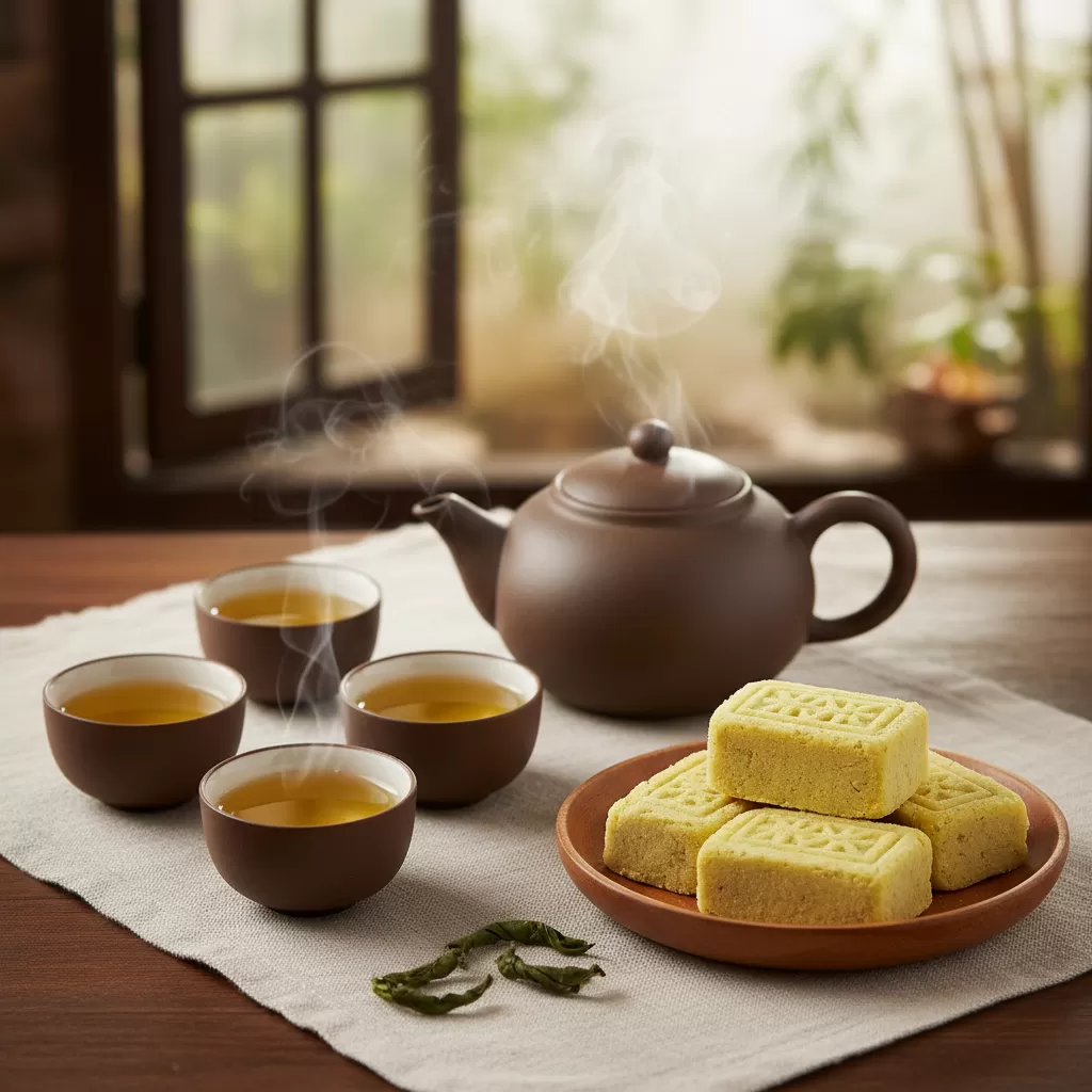 gemini_image_1770286894 Trà xanh là thức uống lý tưởng để trung hòa vị ngọt và béo của các món điểm tâm