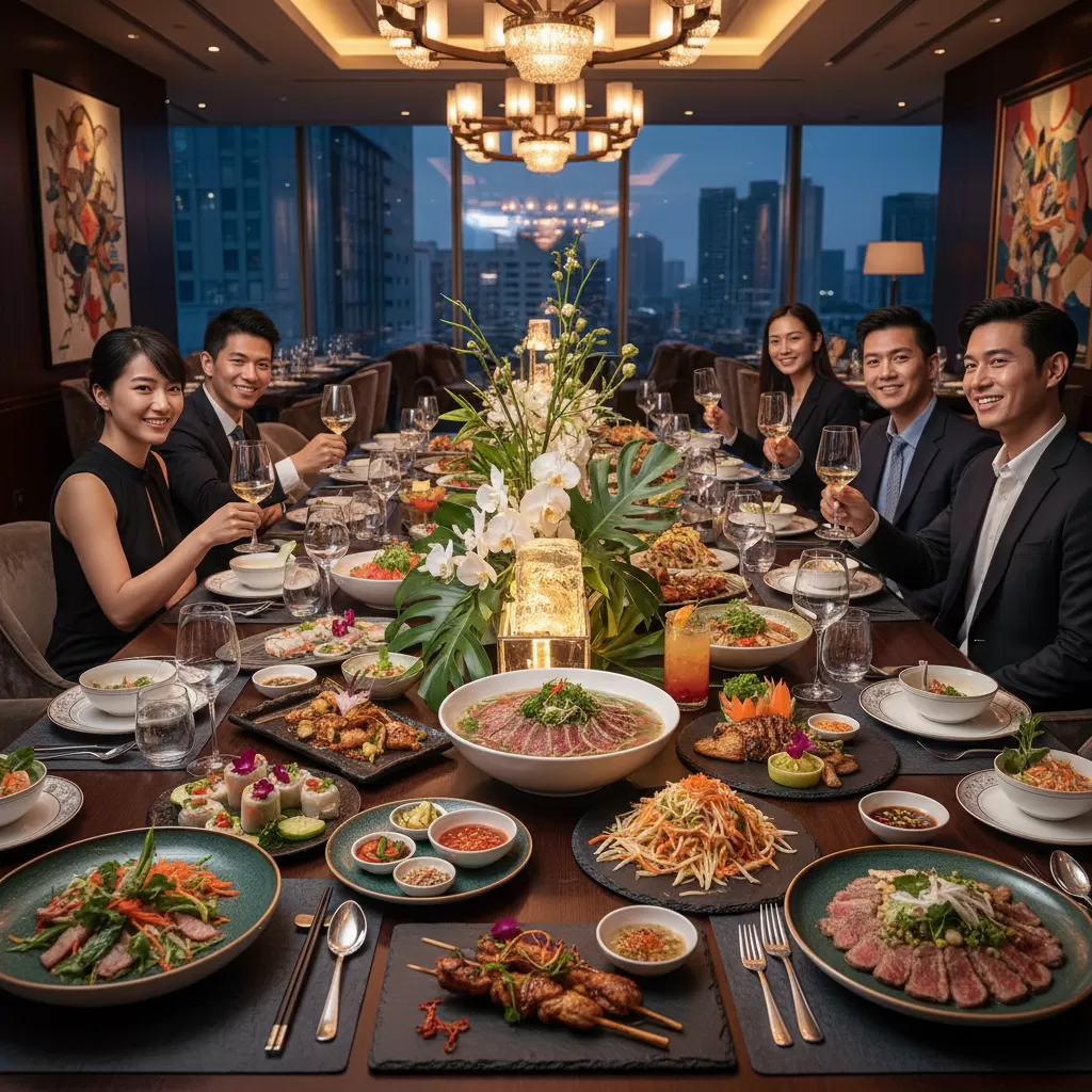 Không gian tiệc công ty ấm cúng với các món ăn Việt Nam truyền thống được trình bày tinh tế