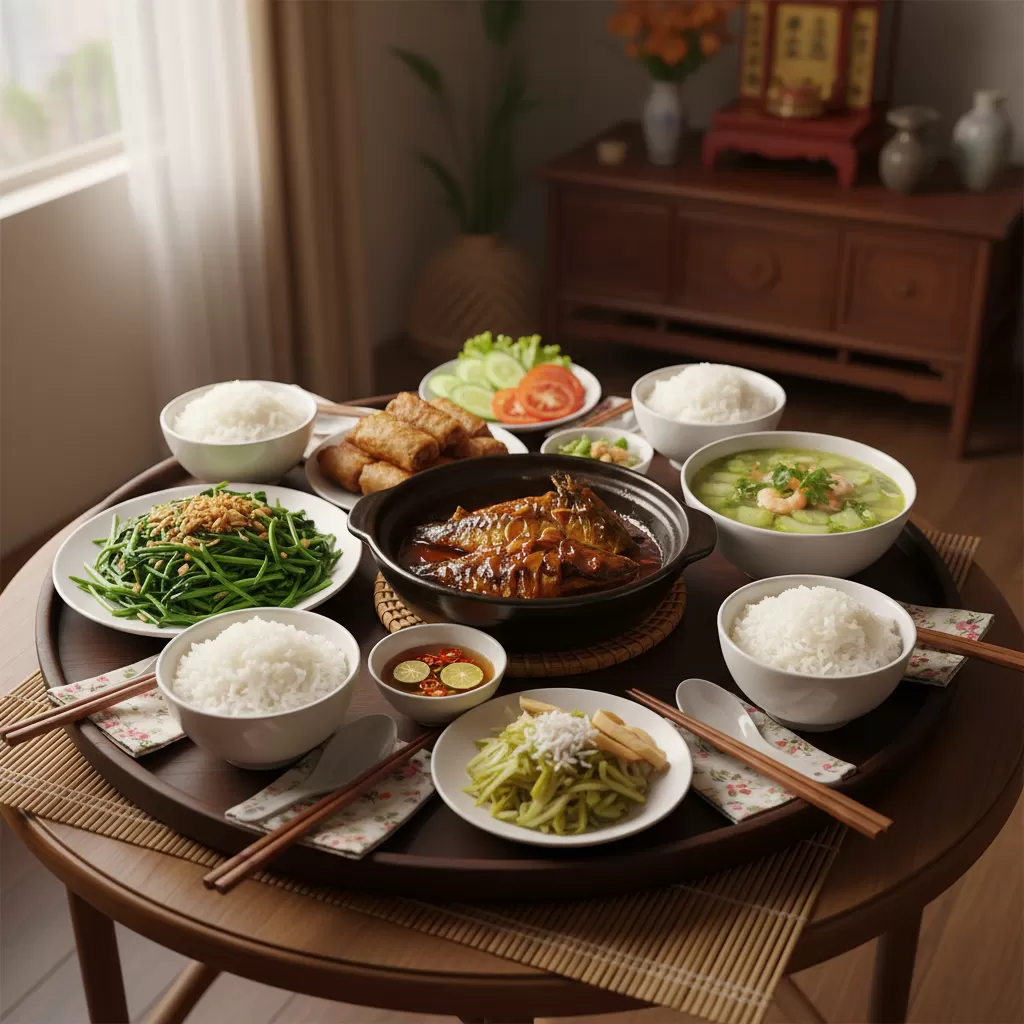 gemini_image_1770288657 Bữa cơm Việt truyền thống là sự kết hợp hài hòa giữa các hương vị