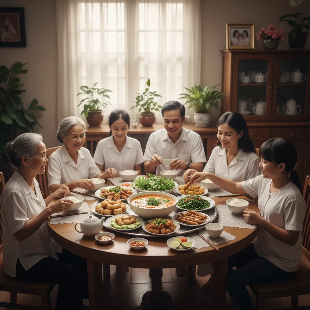 Mâm cơm gia đình là nơi gắn kết các thành viên qua những món ăn truyền thống đậm đà
