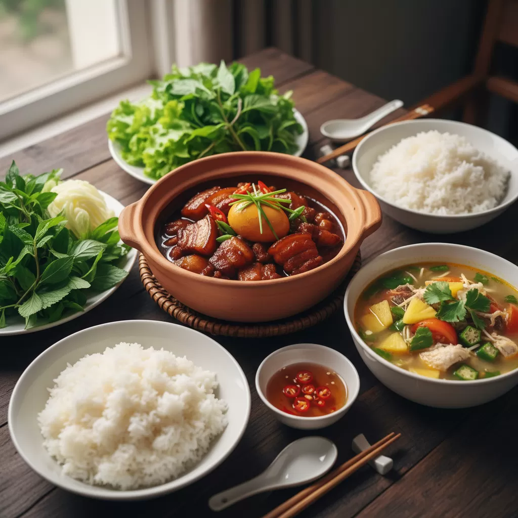 Sự kết hợp giữa món kho đậm đà và canh chua thanh mát tạo nên sự cân bằng hoàn hảo