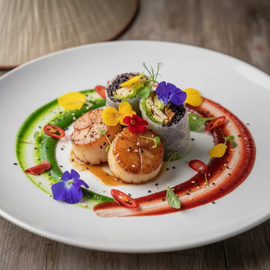 Kỹ thuật trình bày món ăn hiện đại sử dụng hoa tươi và nước sốt để tạo điểm nhấn thị giác