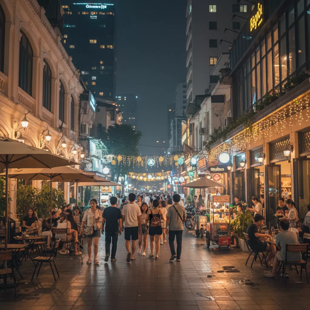 Không gian trung tâm thành phố rực rỡ vào buổi tối lý tưởng cho những buổi hẹn hò sau bữa ăn nhẹ