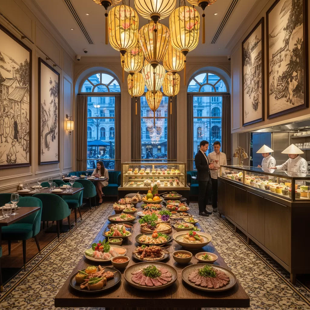 gemini_image_1770298861 Sự giao thoa giữa nét mộc mạc của ẩm thực đường phố và không gian nhà hàng sang trọng