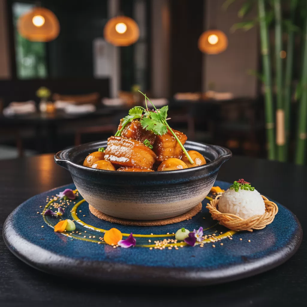 gemini_image_1770299693 Món thịt kho tộ được trình bày tinh tế và đẳng cấp theo phong cách thượng lưu