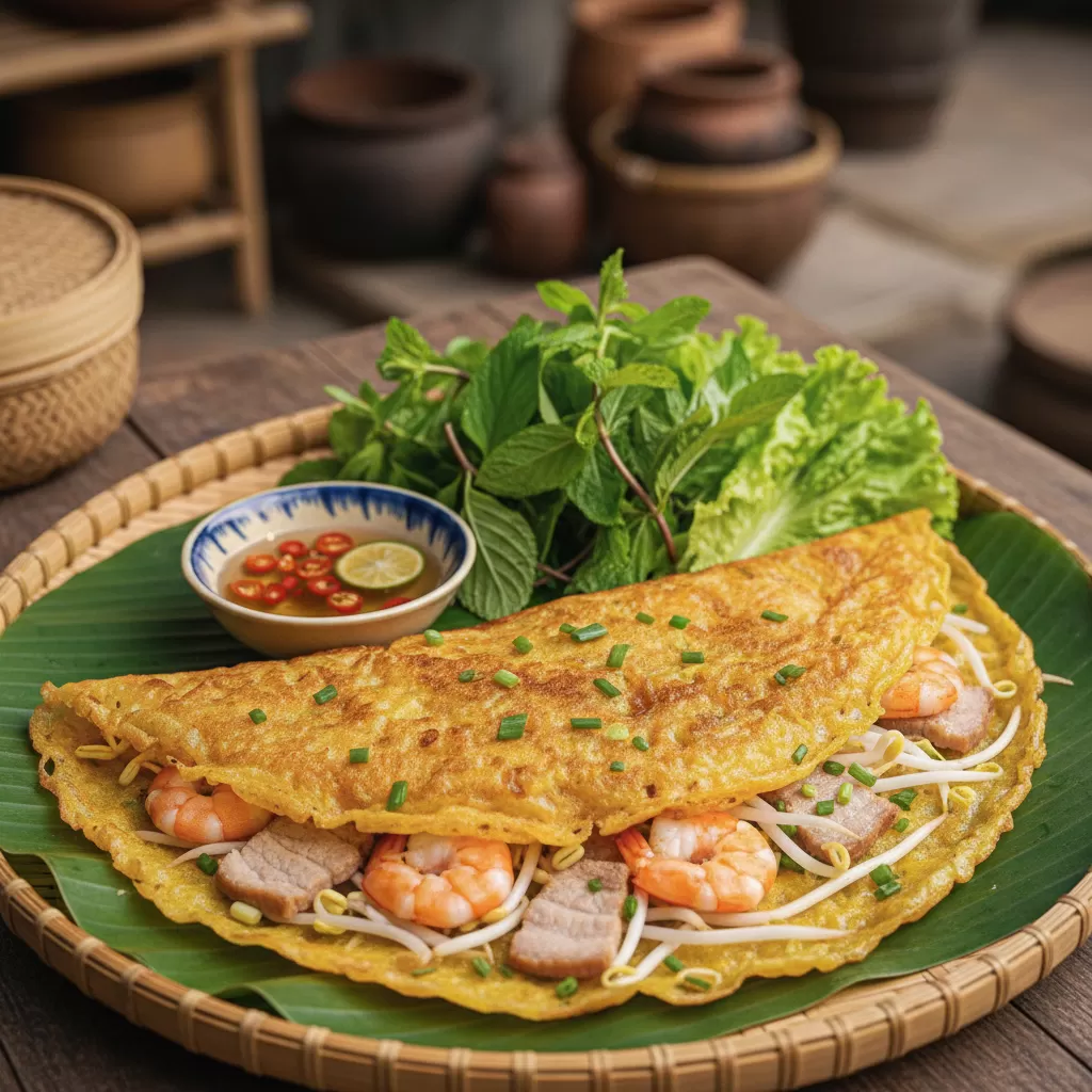 Bánh xèo truyền thống với lớp vỏ vàng giòn và nhân tôm thịt