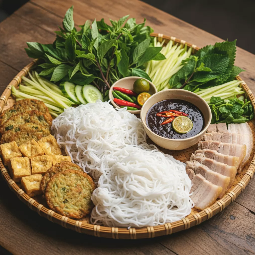 gemini_image_1770300261 Mẹt bún đậu mắm tôm đầy đủ màu sắc là tâm điểm của nhiều video review