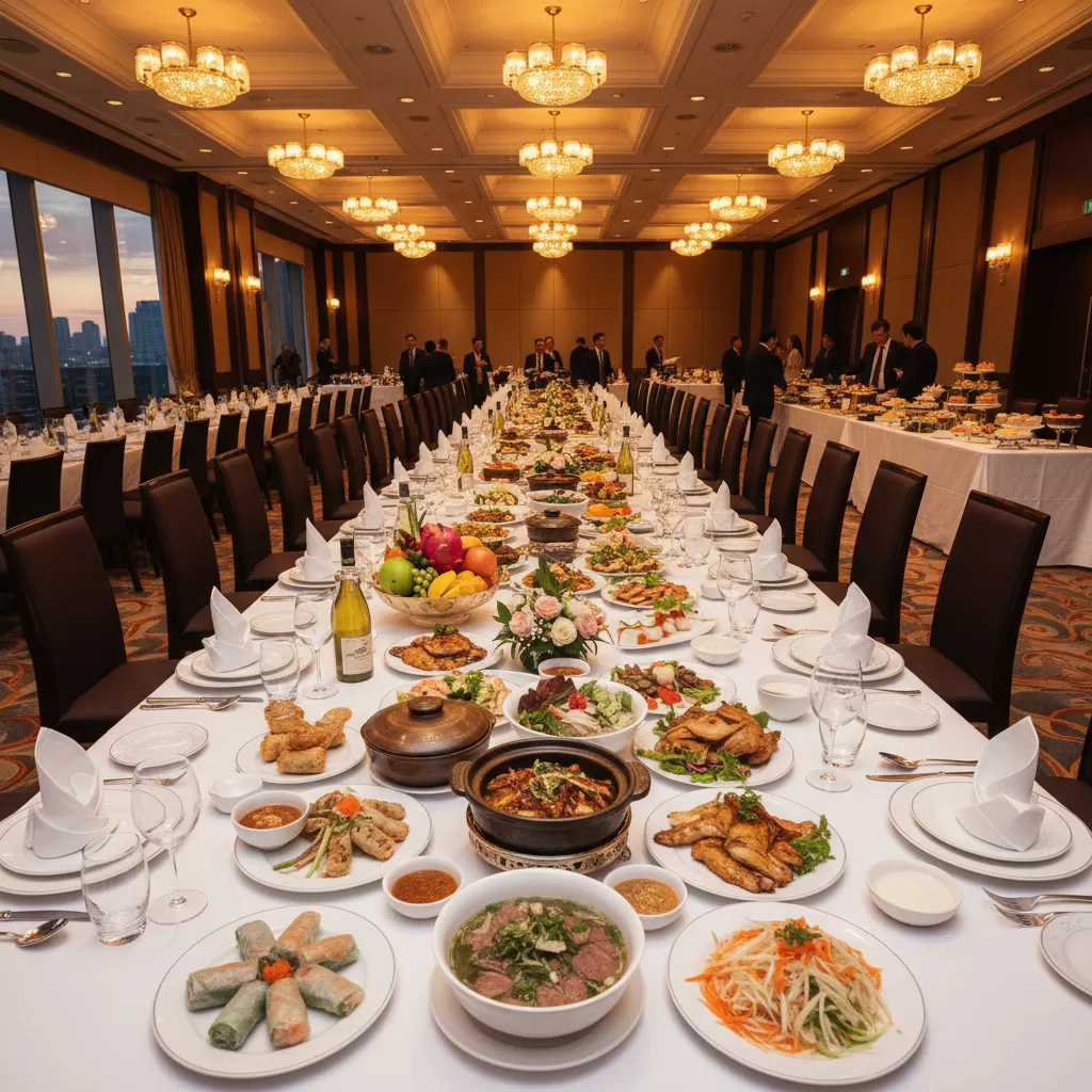 gemini_image_1770301220 Không gian tiệc hội nghị sang trọng với thực đơn món Việt tinh tế tại trung tâm