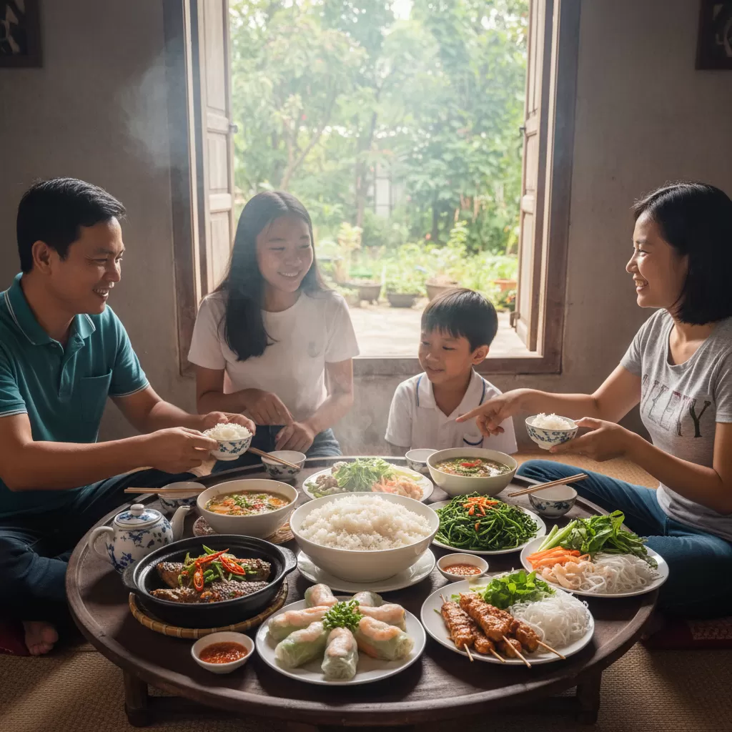 Mâm cơm gia đình truyền thống là nơi kết nối tình thân và thể hiện nét đẹp văn hóa Việt