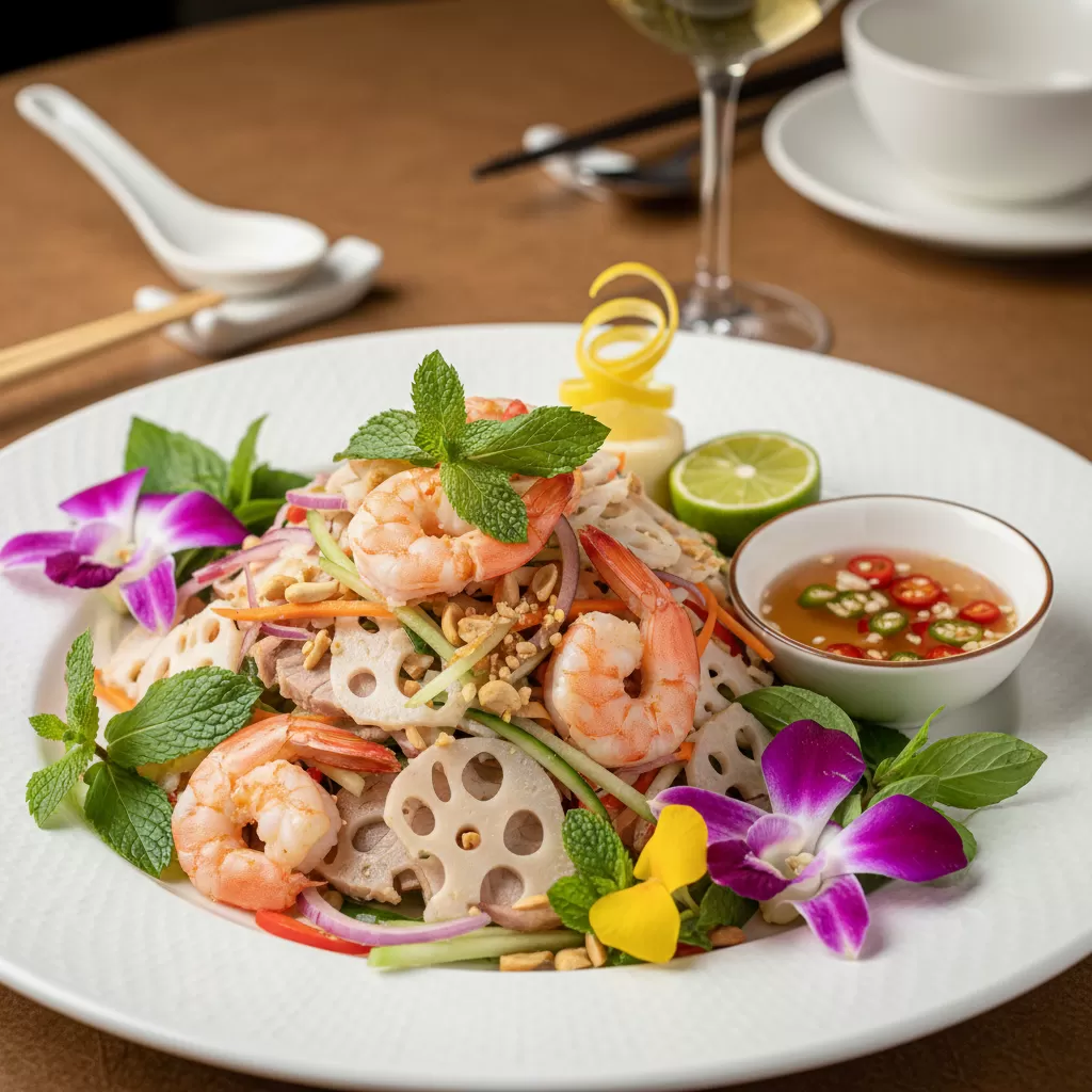 gemini_image_1770302761 Món gỏi ngó sen tôm thịt thanh mát là lựa chọn khai vị hoàn hảo cho buổi ra mắt