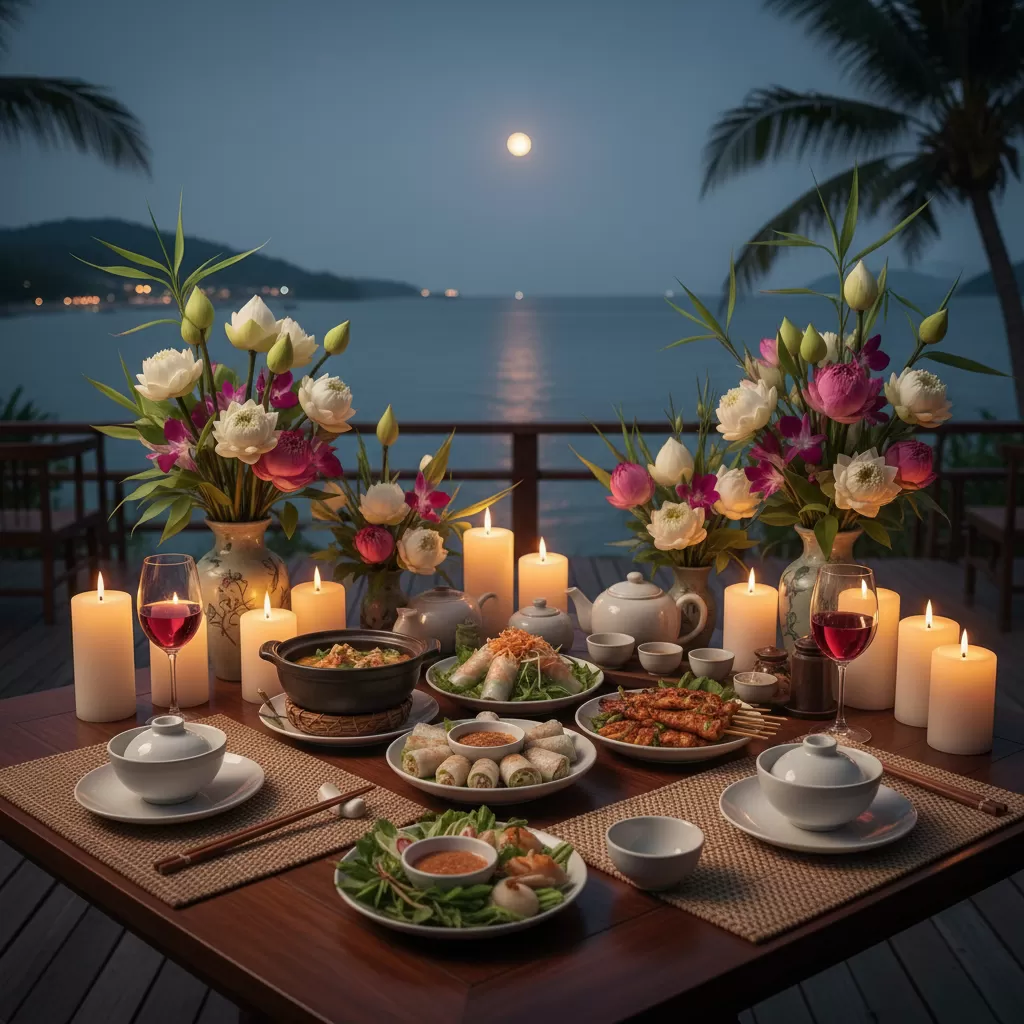 Không gian bữa tối lãng mạn với các món ăn Việt truyền thống dành cho hai người