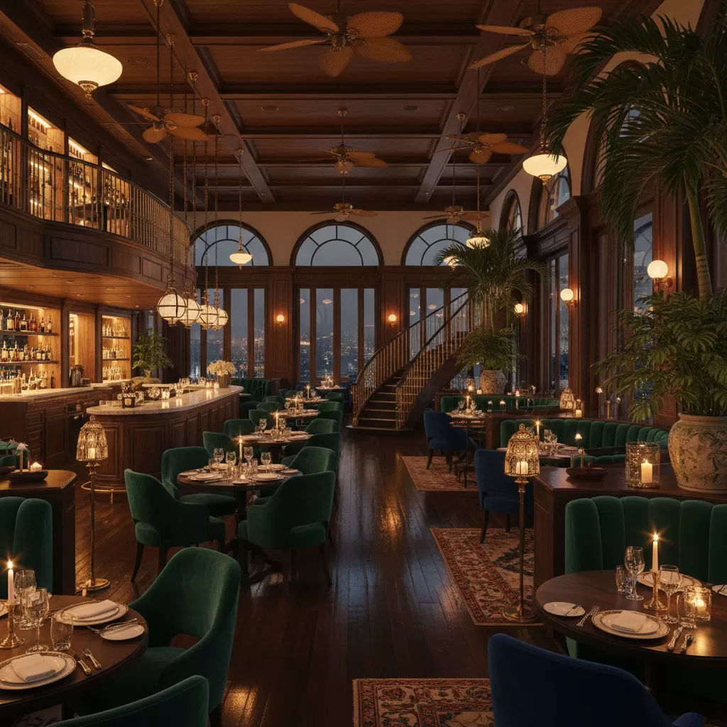 Không gian nhà hàng phong cách Indochine sang trọng và ấm cúng lý tưởng cho ngày kỷ niệm